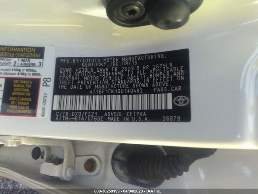 2016 TOYOTA CAMRY XLE/SE/LE/XSE - 4T1BF1FK1GU140482