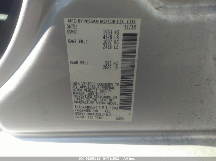 2019 NISSAN ALTIMA 2.5 S - 1N4BL4BV6KC151190