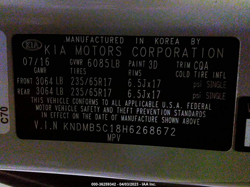 VIN KNDMB5C18H6268672 2017 KIA SEDONA LX