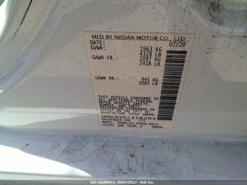 VIN 1N4BL4CV3LC256205 2020 NISSAN ALTIMA 2.5 SR