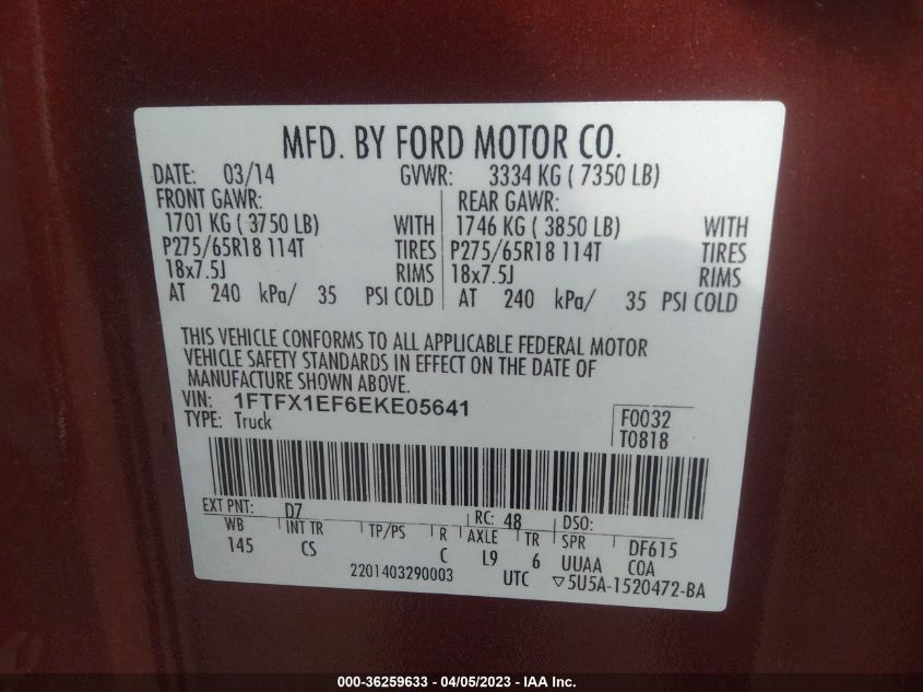 2014 FORD F-150 XL/XLT/STX/LARIAT/FX4 - 1FTFX1EF6EKE05641