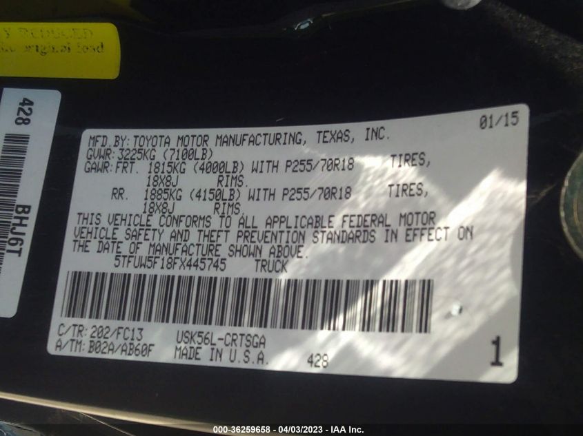 2015 TOYOTA TUNDRA 4WD TRUCK SR/SR5/TRD PRO - 5TFUW5F18FX445745