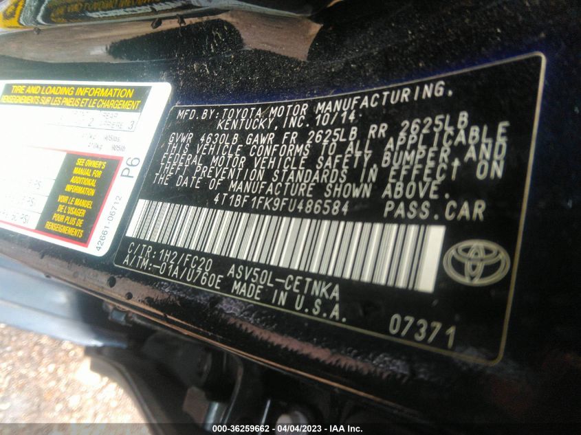 2015 TOYOTA CAMRY XLE/SE/LE/XSE - 4T1BF1FK9FU486584