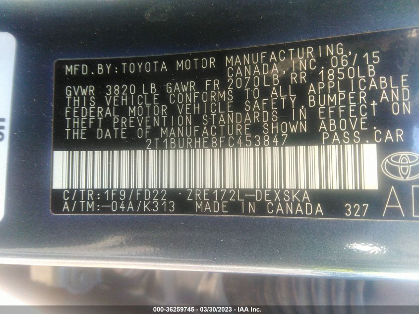 2015 TOYOTA COROLLA L/LE/S/S PLUS/LE PLUS - 2T1BURHE8FC453847
