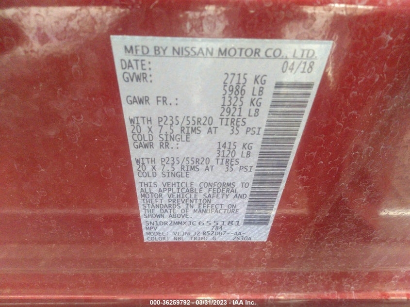 VIN 5N1DR2MMXJC655181 2018 NISSAN PATHFINDER PLATINUM