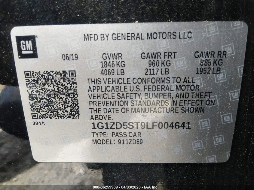 VIN 1G1ZD5ST9LF004641 2020 CHEVROLET MALIBU LT