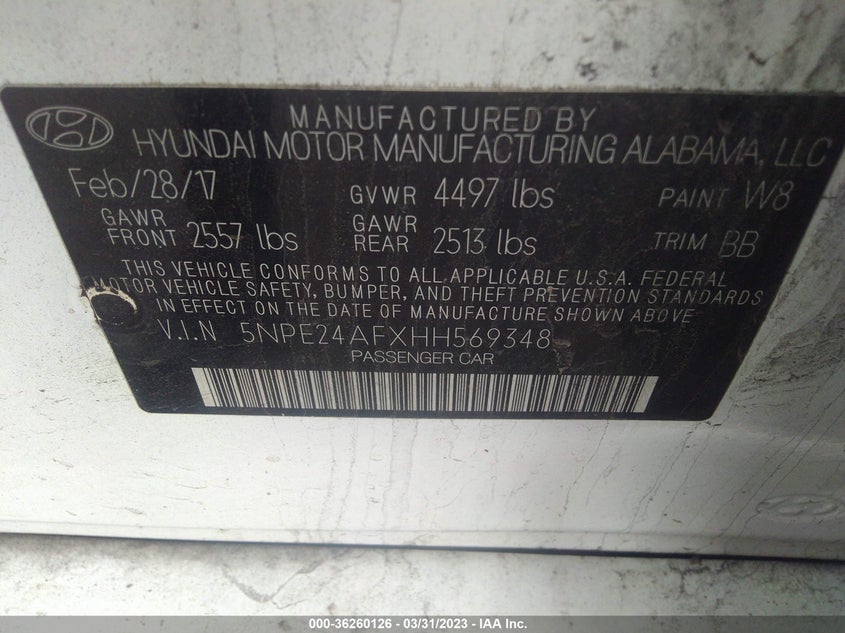 VIN 5NPE24AFXHH569348 2017 HYUNDAI SONATA SE
