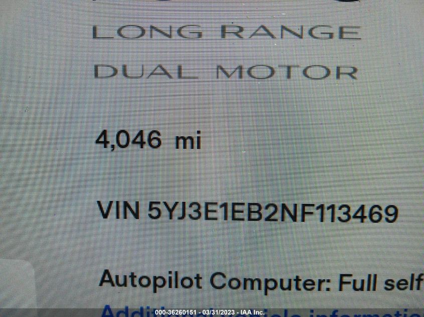 2022 TESLA MODEL 3 LONG RANGE - 5YJ3E1EB2NF113469