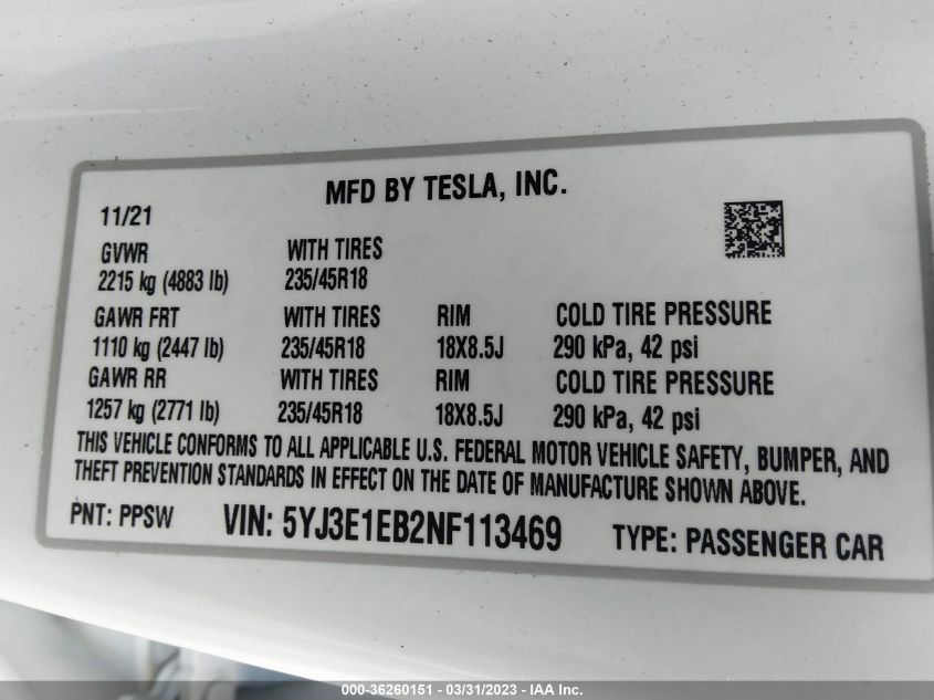 2022 TESLA MODEL 3 LONG RANGE - 5YJ3E1EB2NF113469