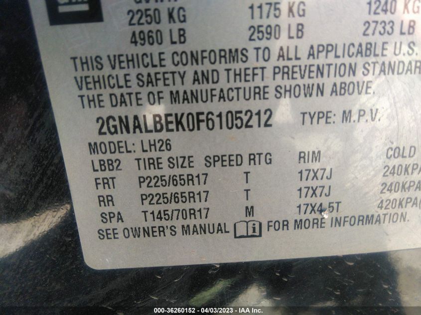 2015 CHEVROLET EQUINOX LT - 2GNALBEK0F6105212