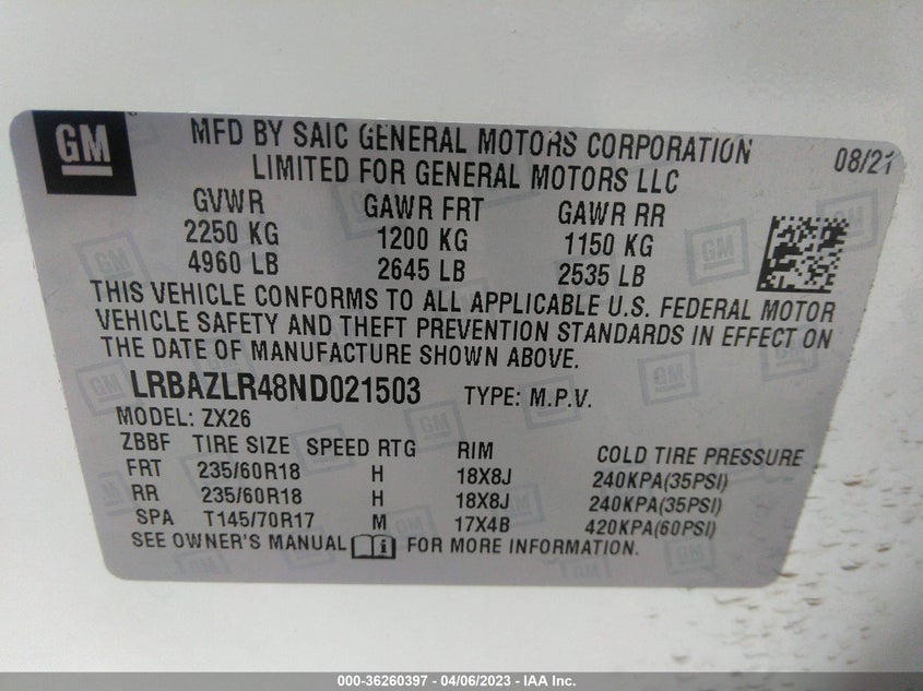 VIN LRBAZLR48ND021503 2022 BUICK ENVISION PREFERRED