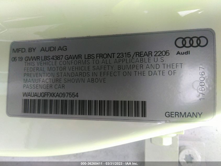 2019 AUDI A3 SEDAN PREMIUM/TITANIUM PREMIUM - WAUAUGFFXKA097554