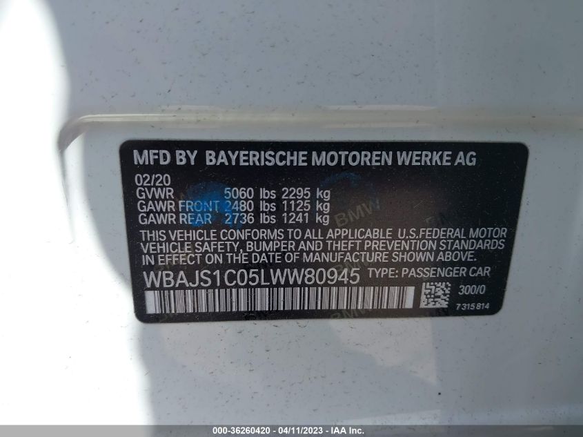 2020 BMW 5 SERIES 540I - WBAJS1C05LWW80945
