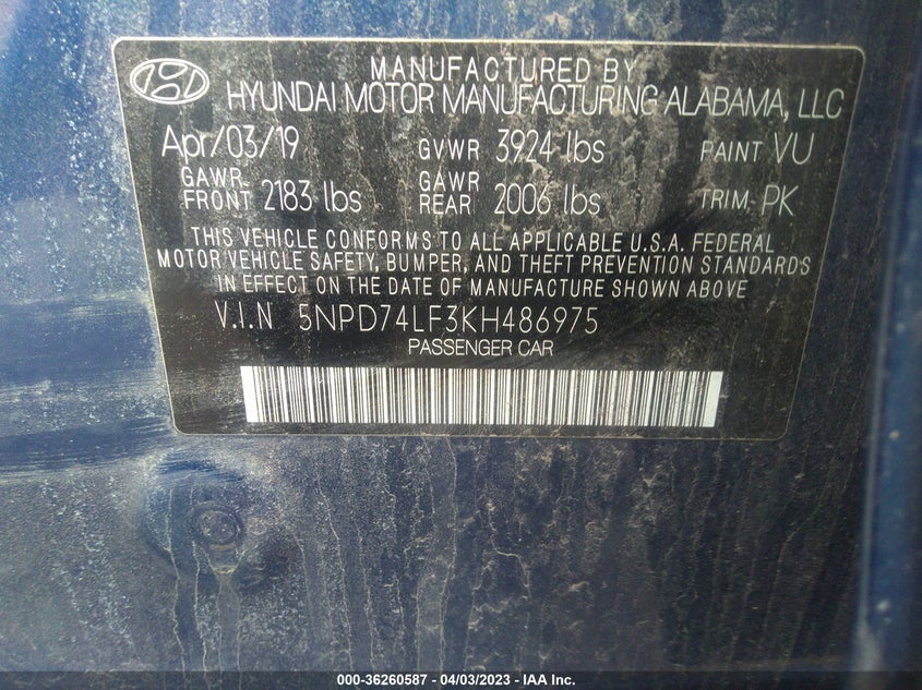 2019 HYUNDAI ELANTRA VIN: 5NPD74LF3KH486975