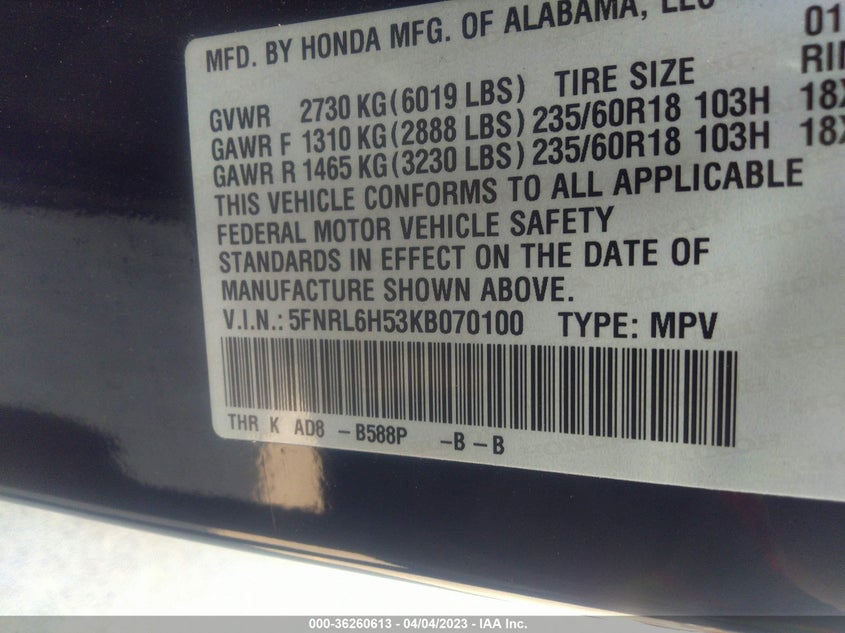 VIN 5FNRL6H53KB070100 2019 HONDA ODYSSEY EX