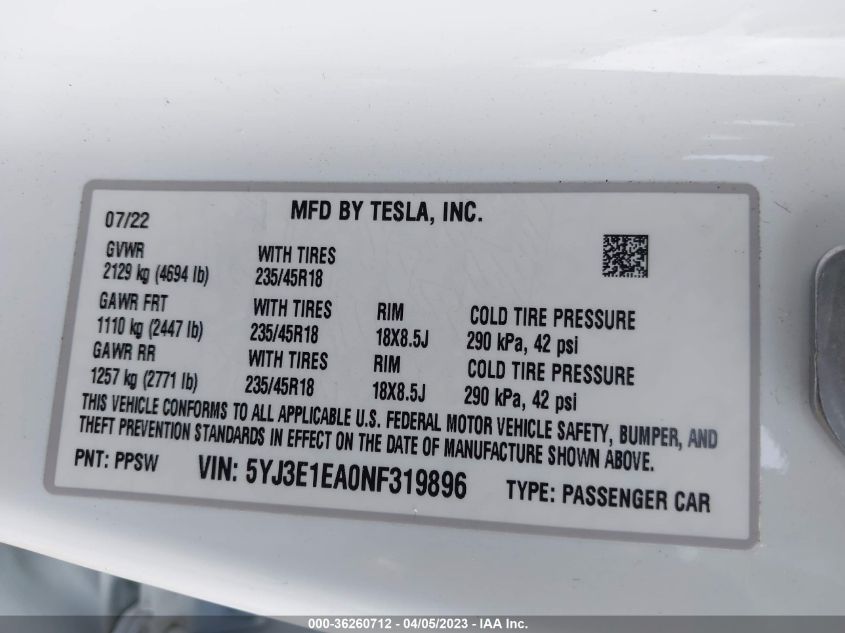 2022 TESLA MODEL 3 - 5YJ3E1EA0NF319896