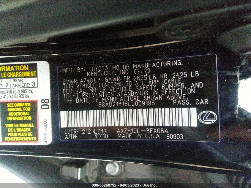 2020 LEXUS ES ES 300H - 58AD21B16LU009195