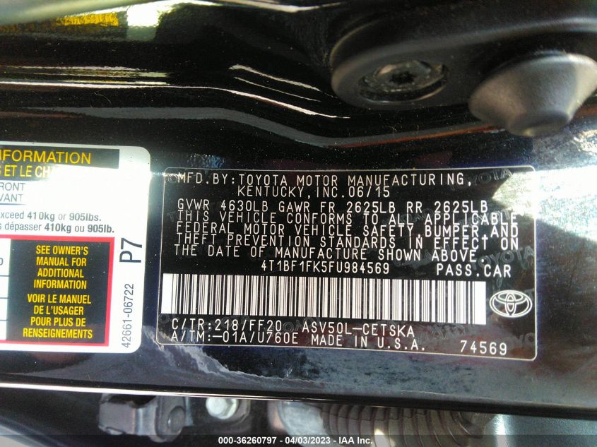 2015 TOYOTA CAMRY XLE/SE/LE/XSE - 4T1BF1FK5FU984569