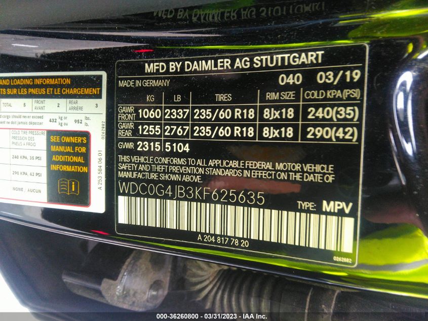 2019 MERCEDES-BENZ GLC GLC 300 - WDC0G4JB3KF625635