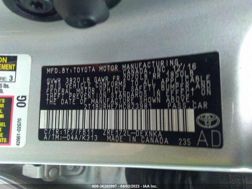 2017 TOYOTA COROLLA L/LE/XLE/SE - 2T1BURHE7HC823981