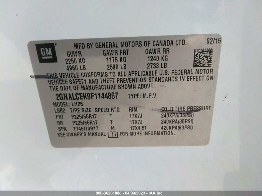2015 CHEVROLET EQUINOX LT - 2GNALCEK9F1144867
