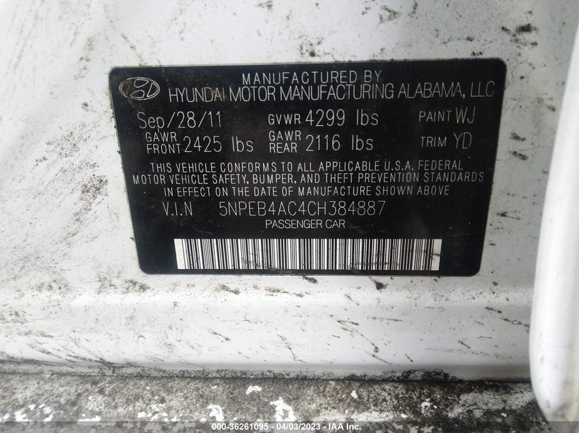 2012 HYUNDAI SONATA VIN: 5NPEB4AC4CH384887