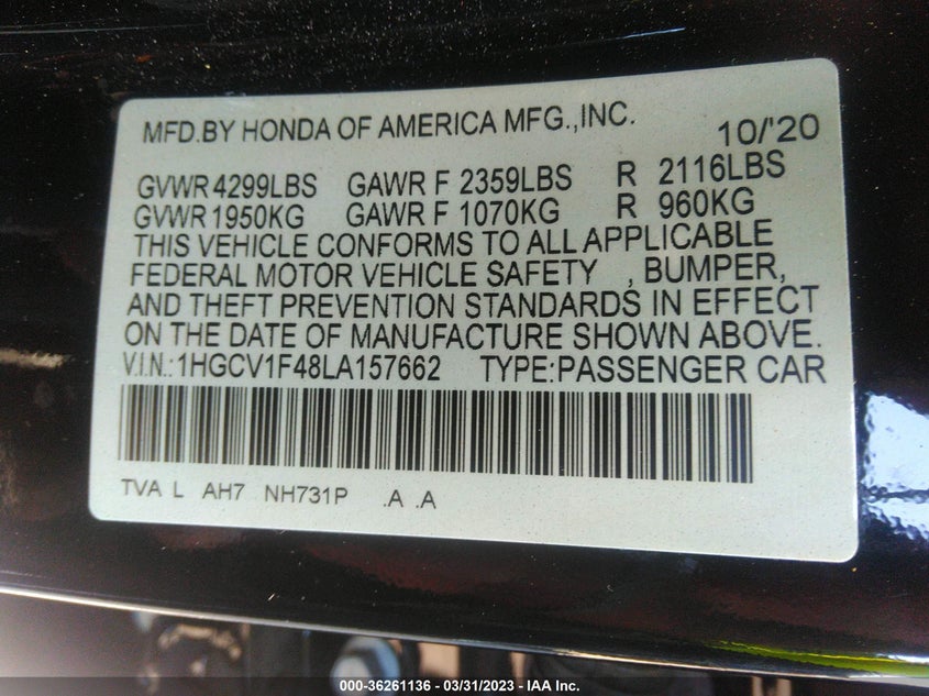 VIN 1HGCV1F48LA157662 2020 HONDA ACCORD SEDAN EX