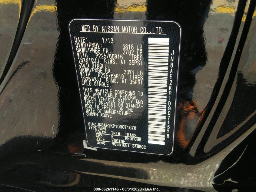 2013 NISSAN QUEST S - JN8AE2KP1D9071578