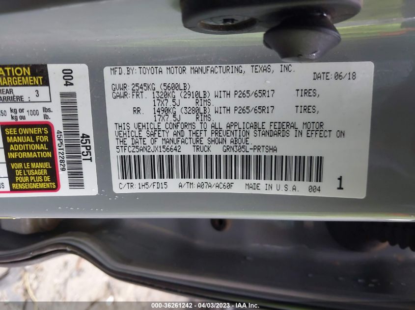 2018 TOYOTA TACOMA SR/SR5/TRD SPORT - 5TFCZ5AN2JX156642