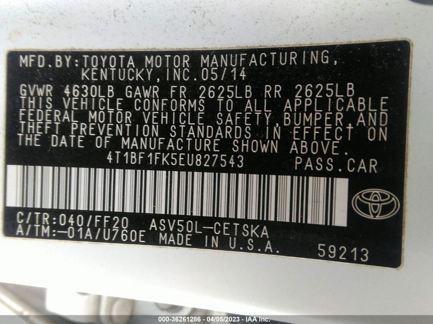 2014 TOYOTA CAMRY L/LE/XLE/SE/SE SPORT - 4T1BF1FK5EU827543