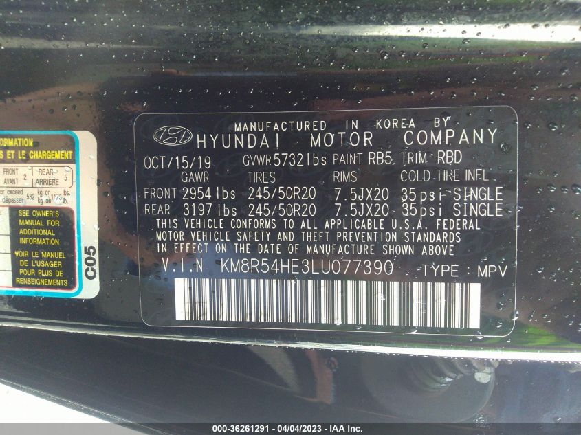 VIN KM8R54HE3LU077390 2020 HYUNDAI PALISADE no.9