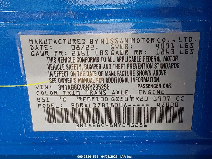 2022 NISSAN SENTRA SV - 3N1AB8CV8NY295286
