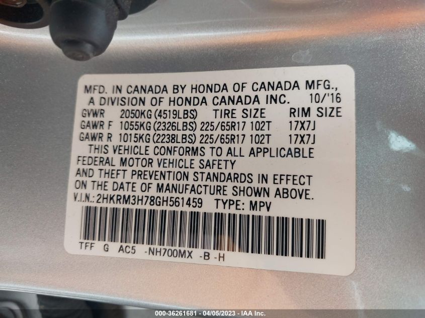 2016 HONDA CR-V EX-L - 2HKRM3H78GH561459