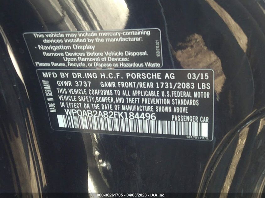 2015 PORSCHE CAYMAN S/GTS WP0AB2A82FK184496