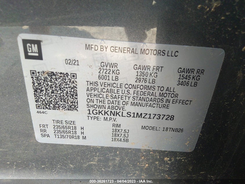 VIN 1GKKNKLS1MZ173728 2021 GMC ACADIA SLE