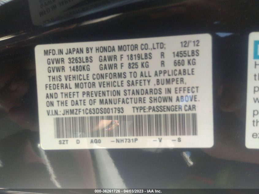 2013 HONDA CR-Z EX JHMZF1C63DS001793
