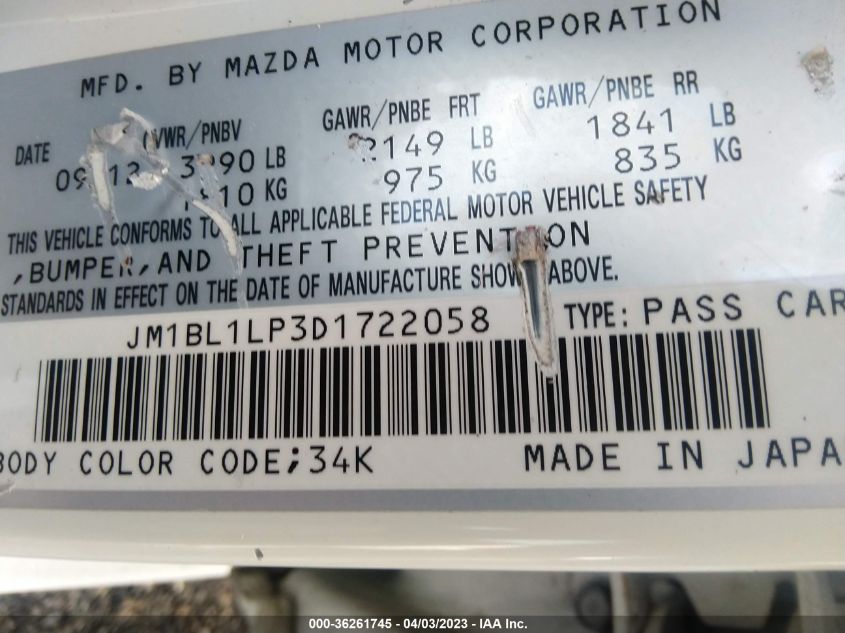 2013 MAZDA MAZDA3 I TOURING - JM1BL1LP3D1722058