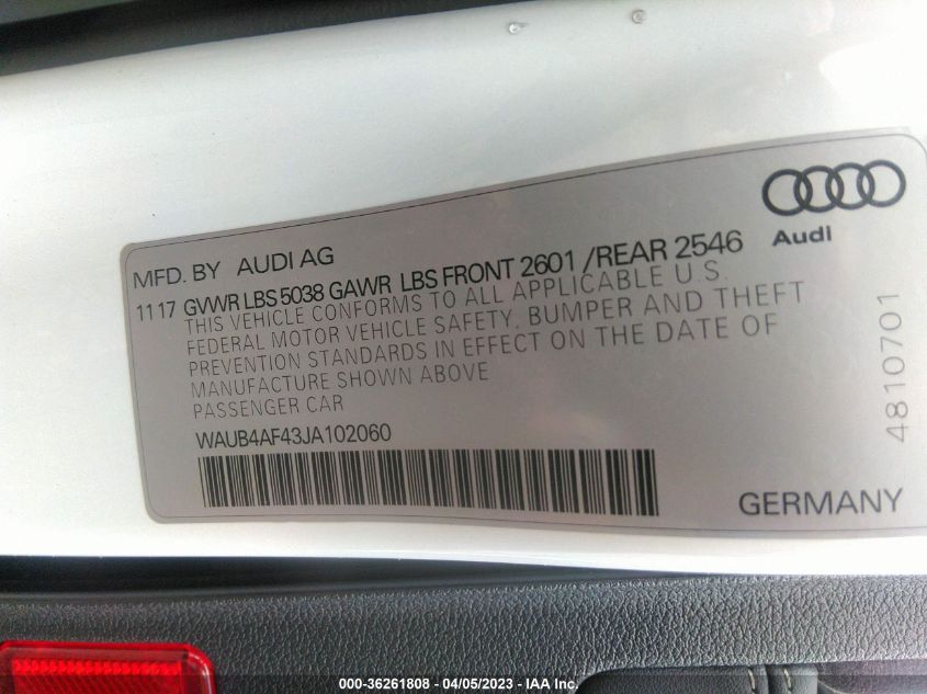 2018 AUDI S4 PREMIUM PLUS WAUB4AF43JA102060