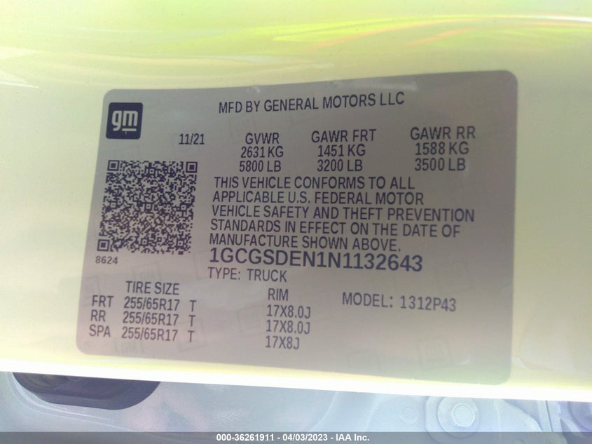 VIN 1GCGSDEN1N1132643 2022 CHEVROLET COLORADO 2WD Z71