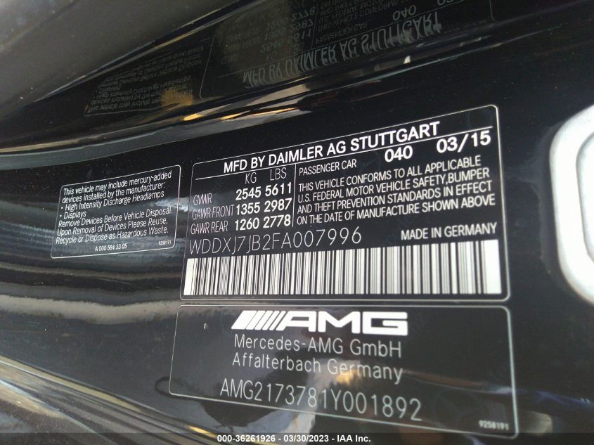 2015 MERCEDES-BENZ S-CLASS S 63 AMG - WDDXJ7JB2FA007996