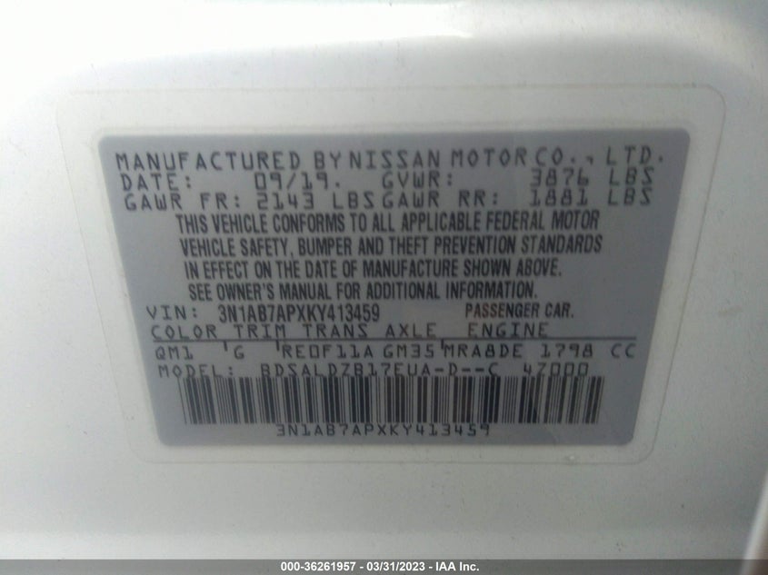 VIN 3N1AB7APXKY413459 2019 NISSAN SENTRA SV