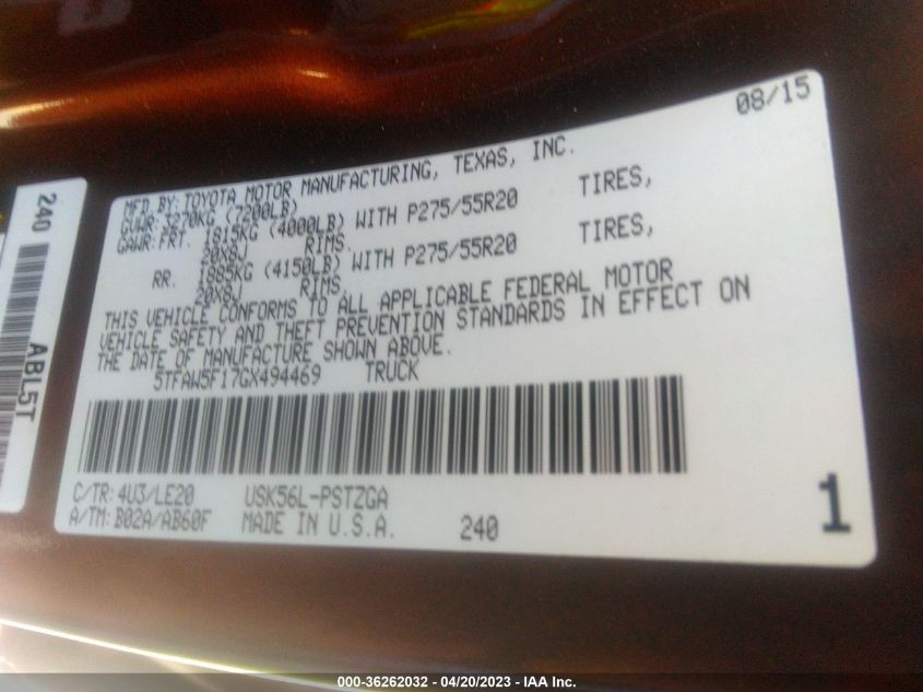 2016 TOYOTA TUNDRA 4WD TRUCK PLATINUM/1794 - 5TFAW5F17GX494469