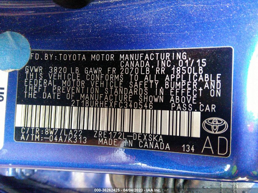 2015 TOYOTA COROLLA L/LE/S/S PLUS/LE PLUS - 2T1BURHEXFC340546
