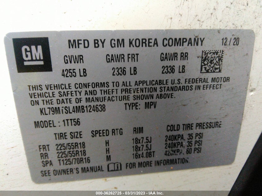 VIN KL79MTSL4MB124638 2021 CHEVROLET TRAILBLAZER RS