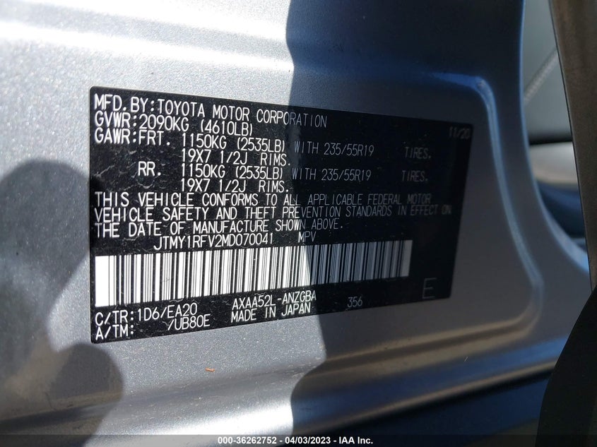 VIN JTMY1RFV2MD070041 2021 TOYOTA RAV4 LIMITED