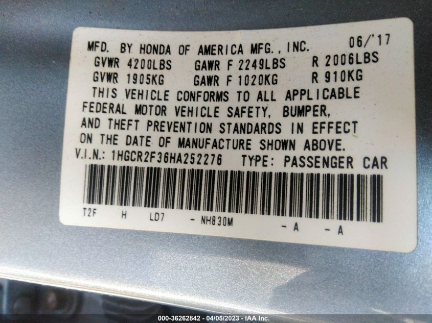 2017 HONDA ACCORD SEDAN LX - 1HGCR2F36HA252276