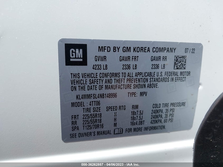 VIN KL4MMFSL4NB148996 2022 BUICK ENCORE GX ESSENCE