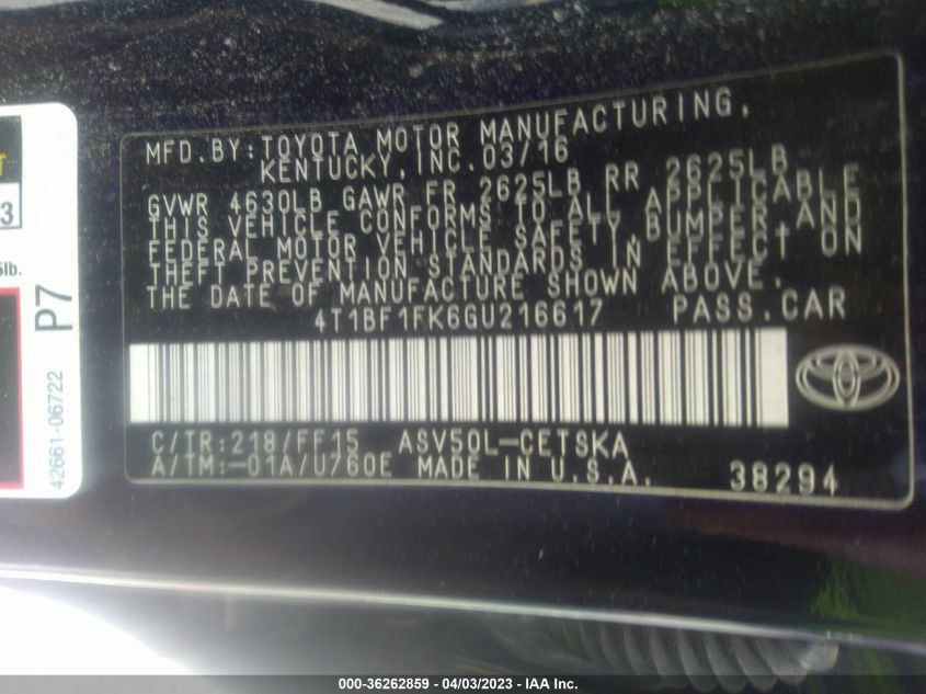 2016 TOYOTA CAMRY XLE/SE/LE/XSE - 4T1BF1FK6GU216617