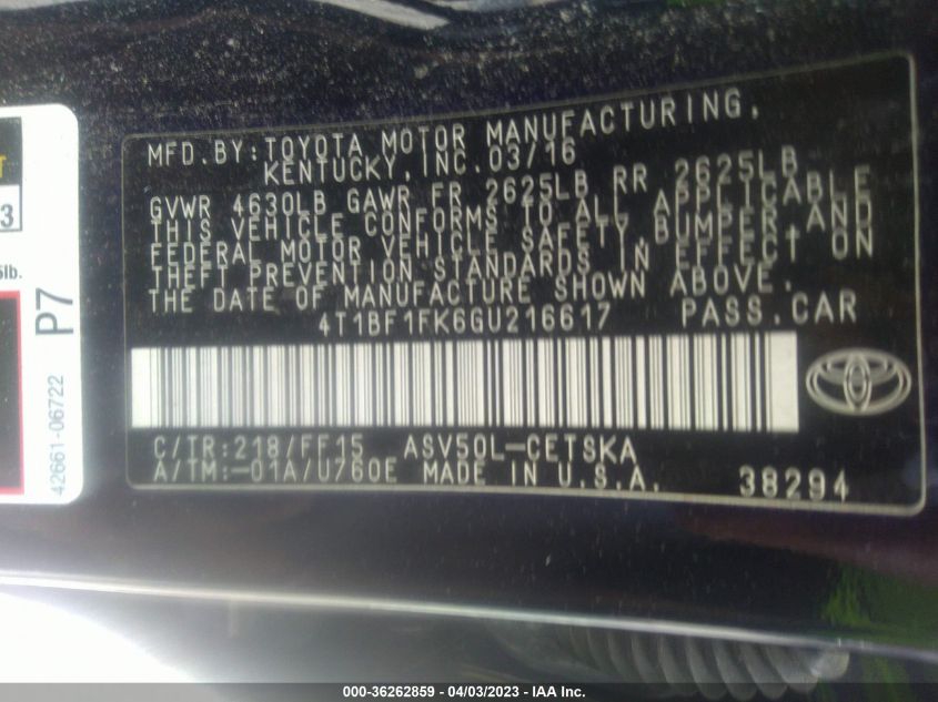 4T1BF1FK6GU216617 | 2016 TOYOTA CAMRY