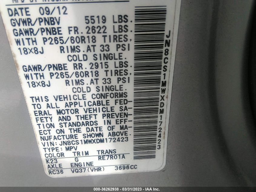 2013 INFINITI FX37 - JN8CS1MWXDM172423